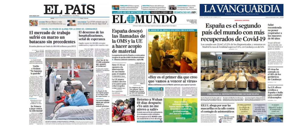Exemple de 3 portades de diari en les quals les xifres de recuperats destacades pels tres mitjans queden eclipsades per les imatges de portada escollides.  Font: Revista de Comunicación y Salud, 2020